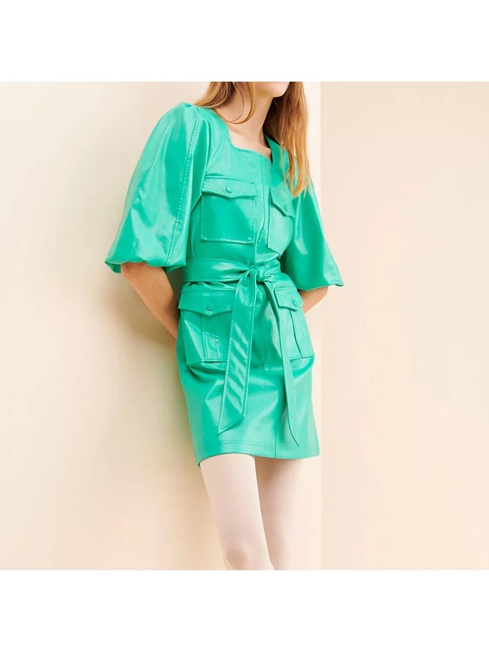 Hosbjerg Free People green Vegan Leather Mini belted Dress